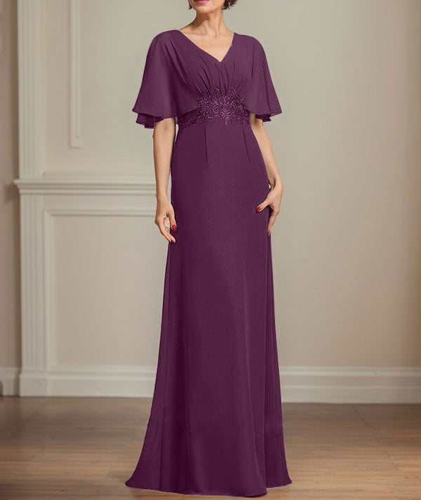 A-line V-Neck Floor-Length Chiffon Mother of the Bride Dress With Pleated Sequins Appliques Lace