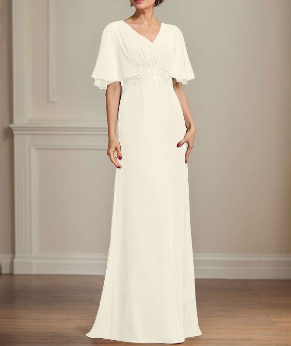 A-line V-Neck Floor-Length Chiffon Mother of the Bride Dress With Pleated Sequins Appliques Lace