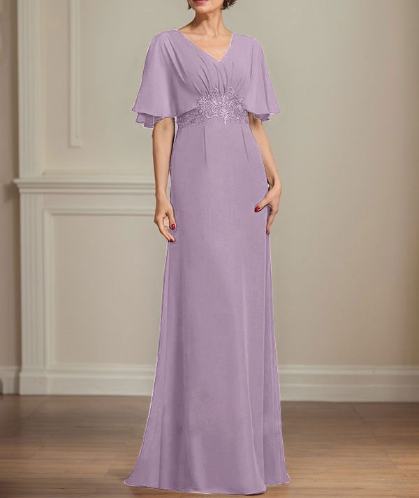 A-line V-Neck Floor-Length Chiffon Mother of the Bride Dress With Pleated Sequins Appliques Lace