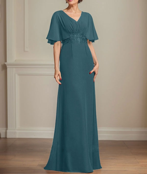 A-line V-Neck Floor-Length Chiffon Mother of the Bride Dress With Pleated Sequins Appliques Lace