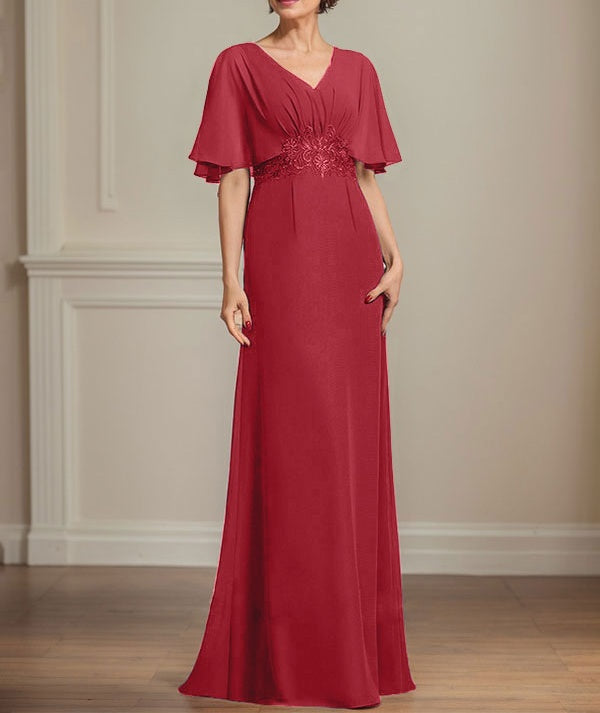 A-line V-Neck Floor-Length Chiffon Mother of the Bride Dress With Pleated Sequins Appliques Lace