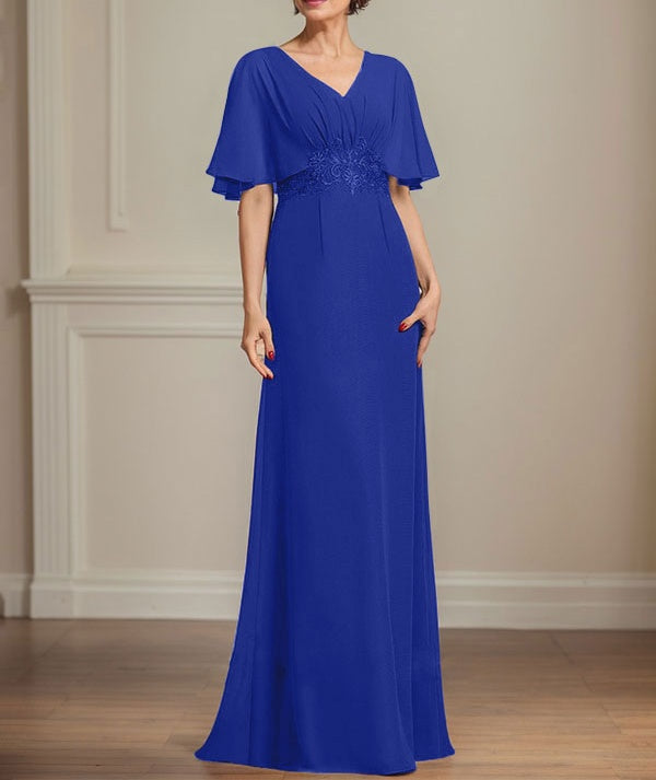 A-line V-Neck Floor-Length Chiffon Mother of the Bride Dress With Pleated Sequins Appliques Lace
