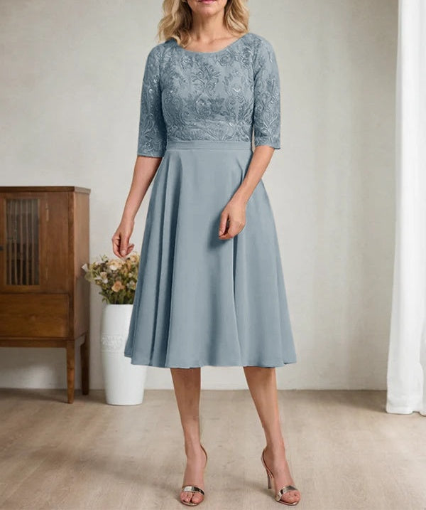 A-line Scoop Knee-Length Lace Chiffon Mother of the Bride Dress