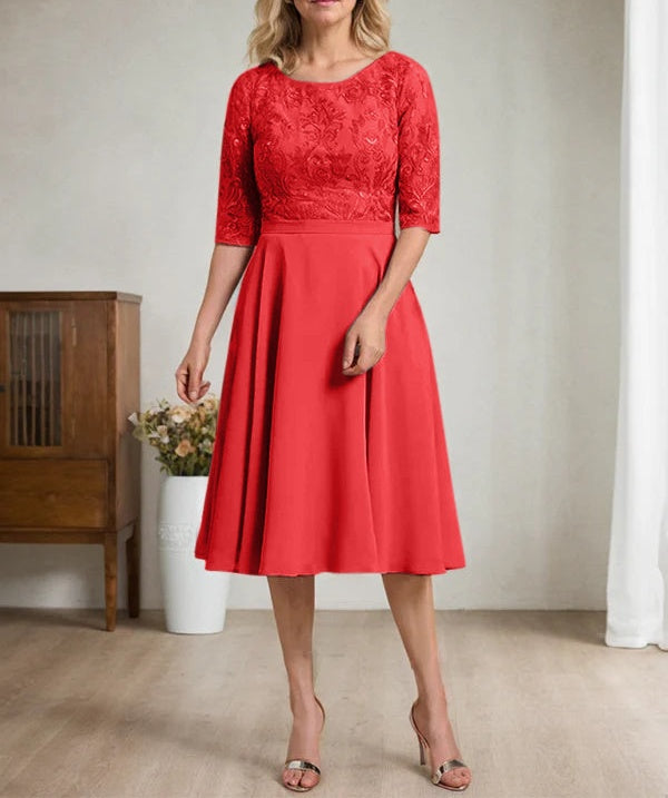 A-line Scoop Knee-Length Lace Chiffon Mother of the Bride Dress