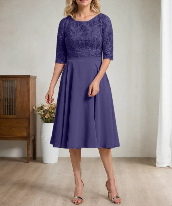 A-line Scoop Knee-Length Lace Chiffon Mother of the Bride Dress