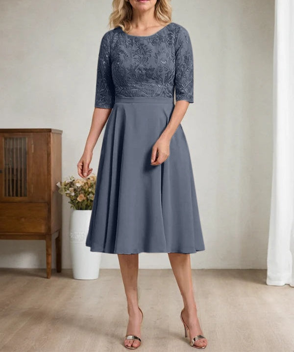 A-line Scoop Knee-Length Lace Chiffon Mother of the Bride Dress