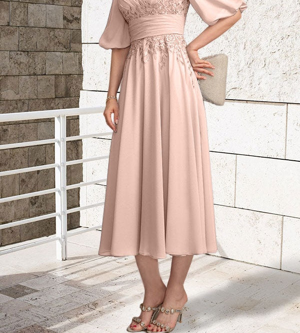 A-line V-Neck Tea-Length Lace Chiffon Mother of the Bride Dress With Pleated