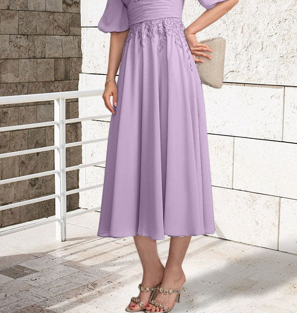 A-line V-Neck Tea-Length Lace Chiffon Mother of the Bride Dress With Pleated