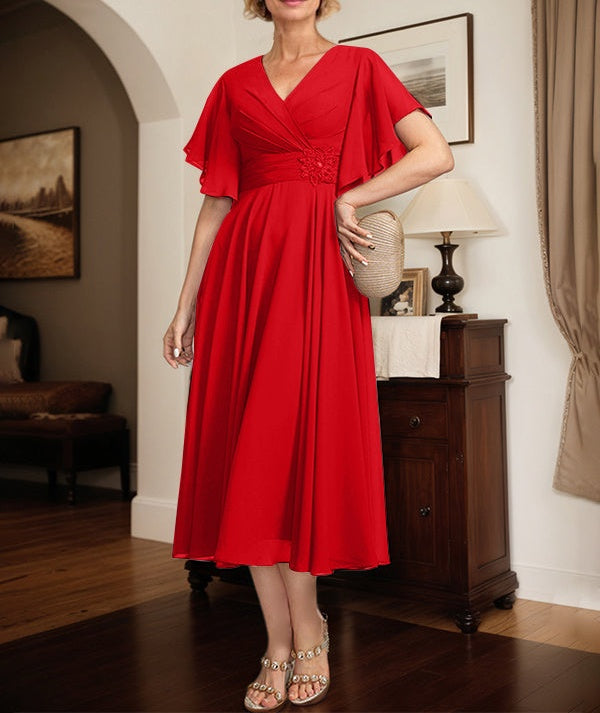 A-line V-Neck Tea-Length Chiffon Mother of the Bride Dress With Pleated Beading