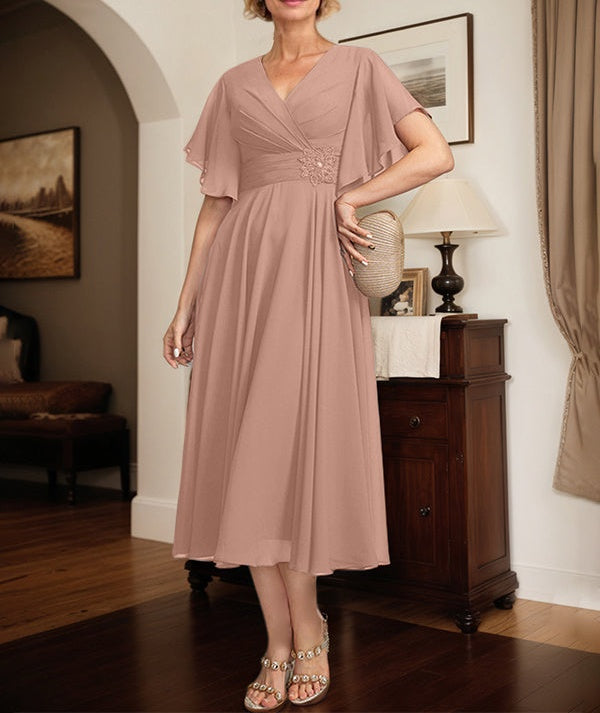 A-line V-Neck Tea-Length Chiffon Mother of the Bride Dress With Pleated Beading
