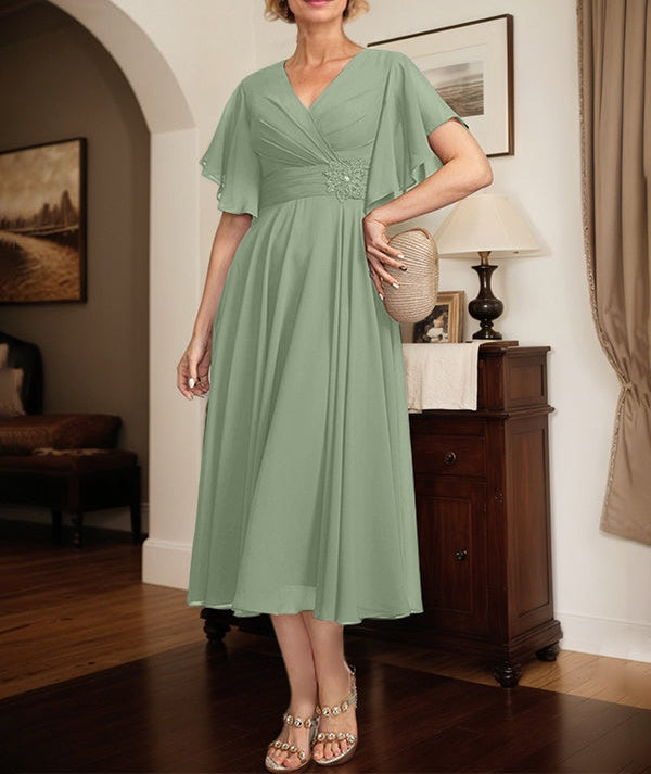 A-line V-Neck Tea-Length Chiffon Mother of the Bride Dress With Pleated Beading