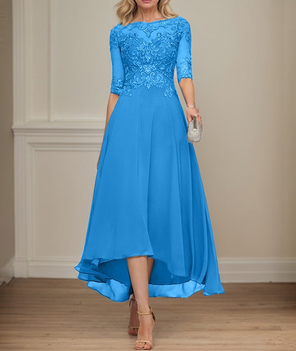 A-line Boat Neck Illusion Asymmetrical Chiffon Lace Mother of the Bride Dress With Sequins Beading