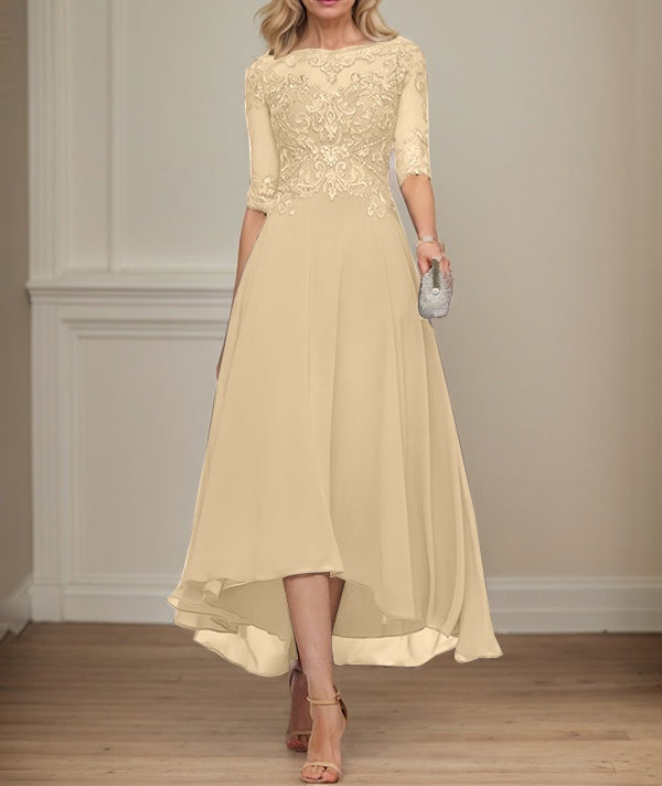 A-line Boat Neck Illusion Asymmetrical Chiffon Lace Mother of the Bride Dress With Sequins Beading