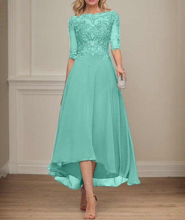 A-line Boat Neck Illusion Asymmetrical Chiffon Lace Mother of the Bride Dress With Sequins Beading