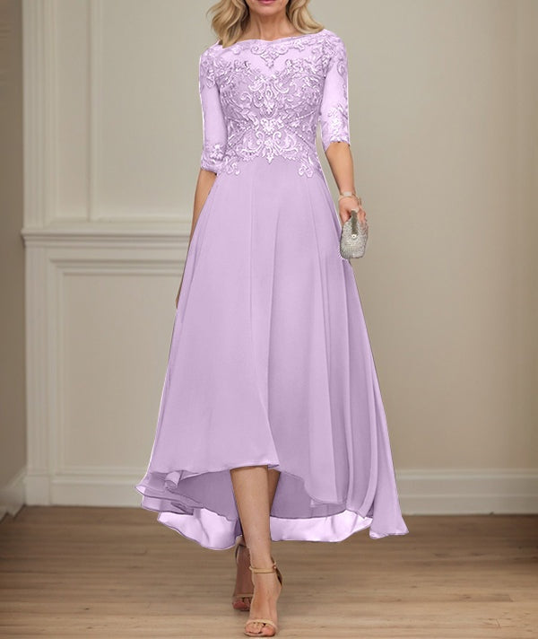 A-line Boat Neck Illusion Asymmetrical Chiffon Lace Mother of the Bride Dress With Sequins Beading