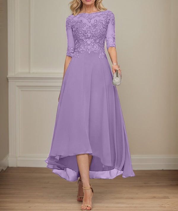 A-line Boat Neck Illusion Asymmetrical Chiffon Lace Mother of the Bride Dress With Sequins Beading