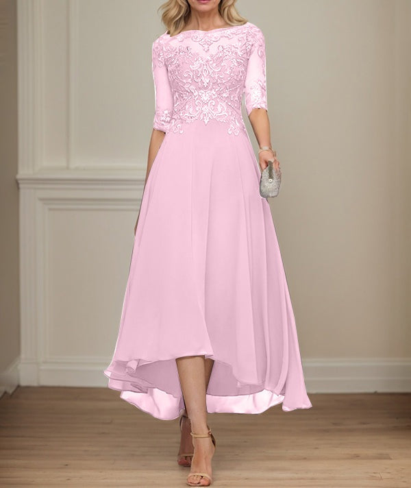 A-line Boat Neck Illusion Asymmetrical Chiffon Lace Mother of the Bride Dress With Sequins Beading