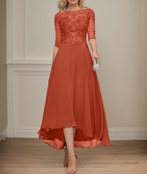 A-line Boat Neck Illusion Asymmetrical Chiffon Lace Mother of the Bride Dress With Sequins Beading