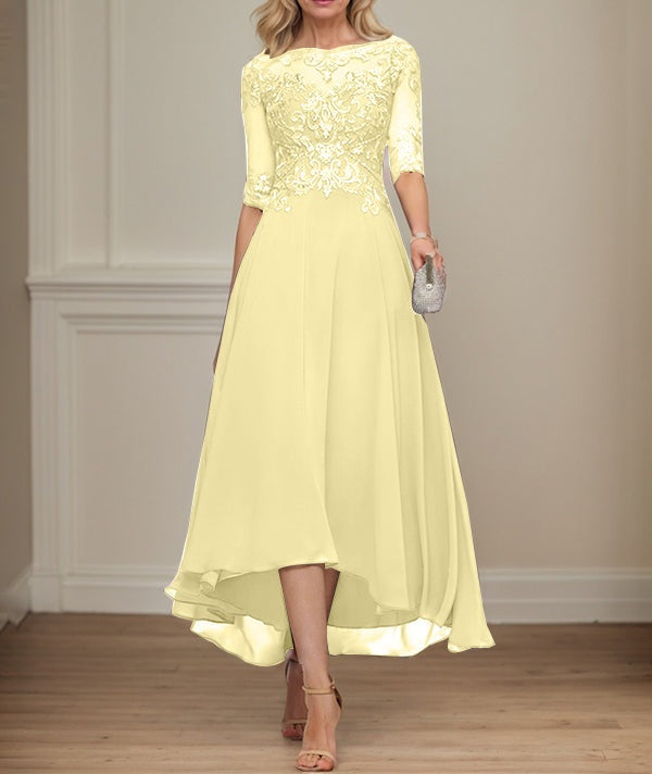 A-line Boat Neck Illusion Asymmetrical Chiffon Lace Mother of the Bride Dress With Sequins Beading