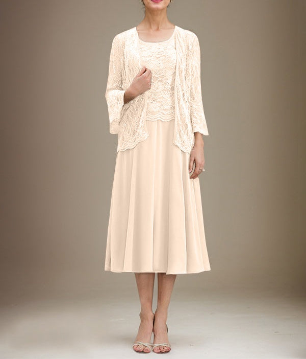 A-line Scoop Tea-Length Lace Chiffon Mother of the Bride Dress With Sequins