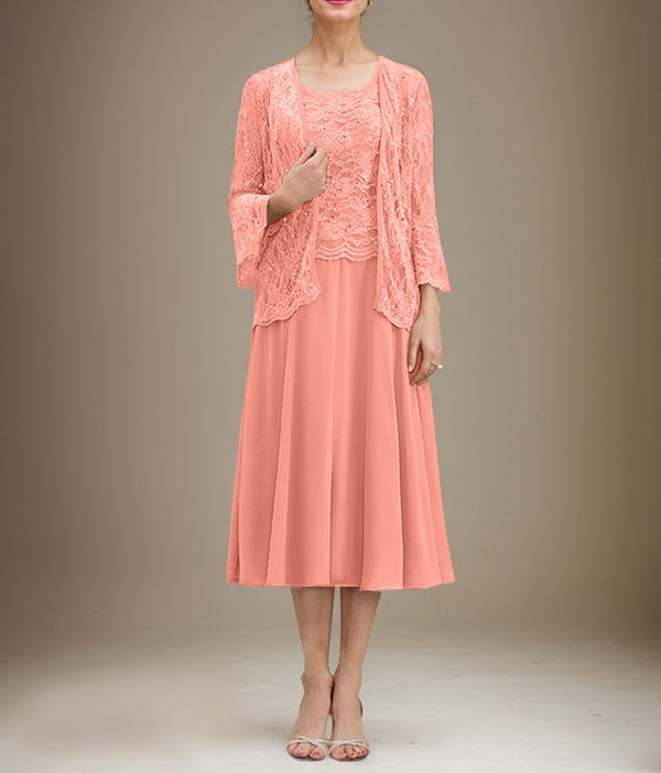 A-line Scoop Tea-Length Lace Chiffon Mother of the Bride Dress With Sequins