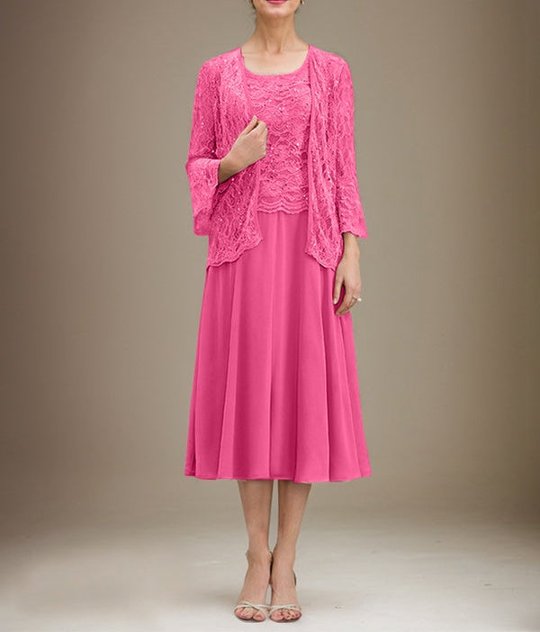 A-line Scoop Tea-Length Lace Chiffon Mother of the Bride Dress With Sequins