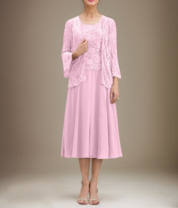A-line Scoop Tea-Length Lace Chiffon Mother of the Bride Dress With Sequins