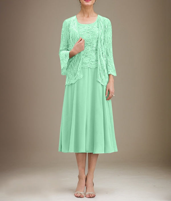 A-line Scoop Tea-Length Lace Chiffon Mother of the Bride Dress With Sequins