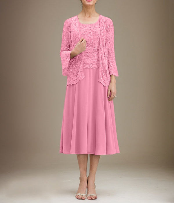 A-line Scoop Tea-Length Lace Chiffon Mother of the Bride Dress With Sequins