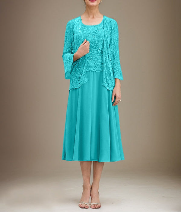 A-line Scoop Tea-Length Lace Chiffon Mother of the Bride Dress With Sequins