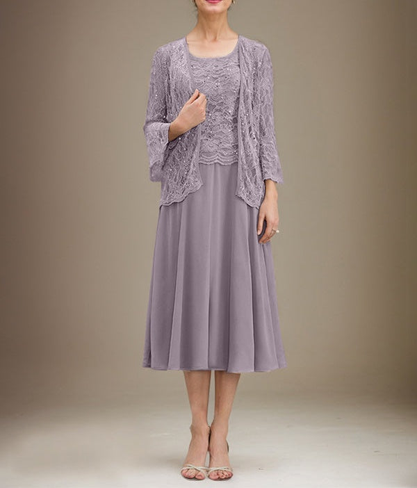 A-line Scoop Tea-Length Lace Chiffon Mother of the Bride Dress With Sequins