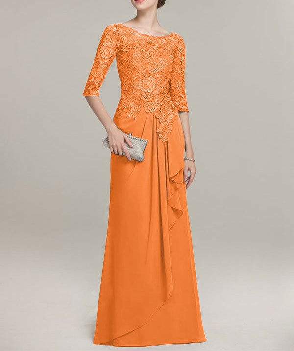 A-line Scoop Illusion Floor-Length Lace Chiffon Mother of the Bride Dress With Cascading Ruffles