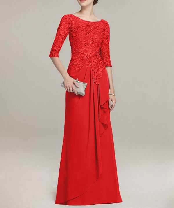 A-line Scoop Illusion Floor-Length Lace Chiffon Mother of the Bride Dress With Cascading Ruffles