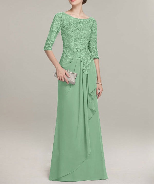 A-line Scoop Illusion Floor-Length Lace Chiffon Mother of the Bride Dress With Cascading Ruffles