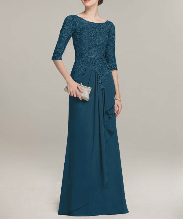 A-line Scoop Illusion Floor-Length Lace Chiffon Mother of the Bride Dress With Cascading Ruffles