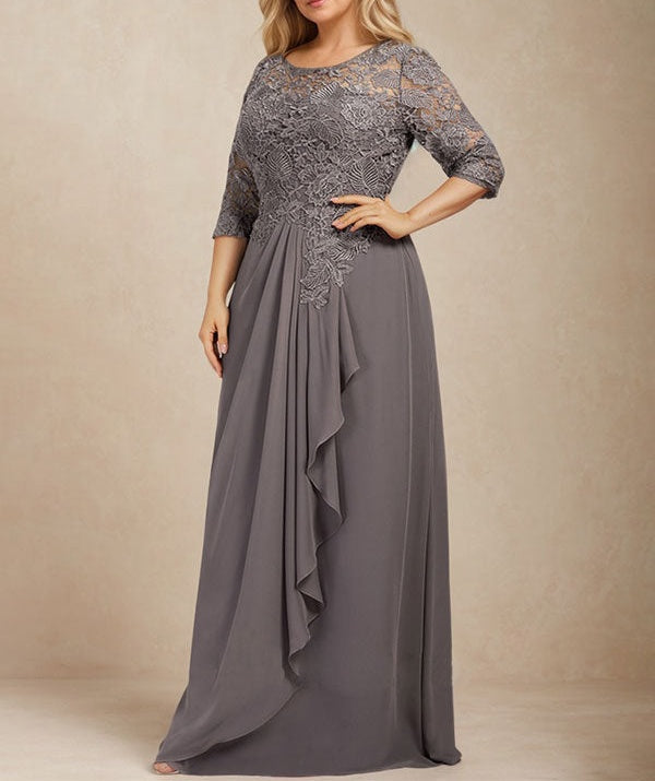 A-line Scoop Illusion Floor-Length Lace Chiffon Mother of the Bride Dress With Cascading Ruffles