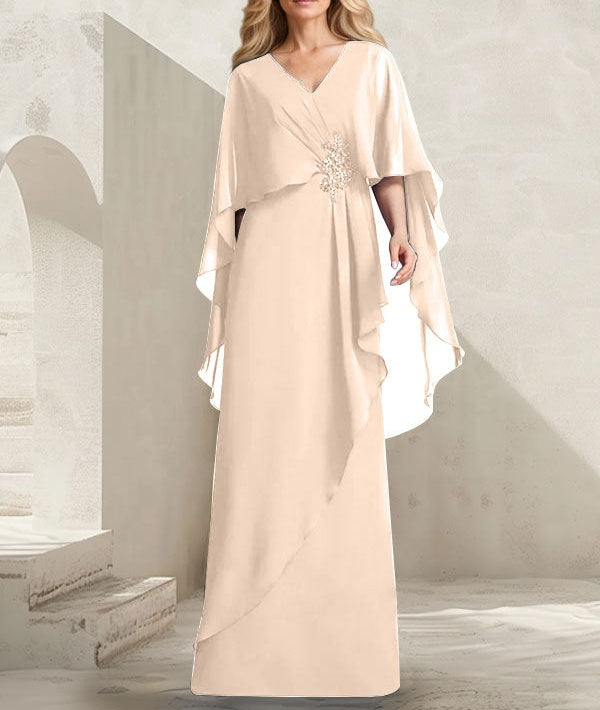 A-line V-Neck Floor-Length Chiffon Mother of the Bride Dress With Cascading Ruffles Beading