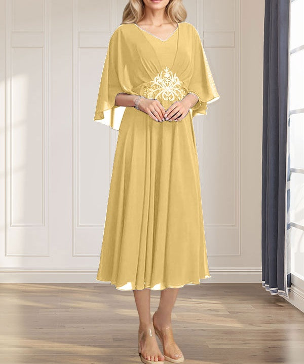 A-line V-Neck Tea-Length Chiffon Mother of the Bride Dress With Pleated Sequins Appliques Lace Beadind