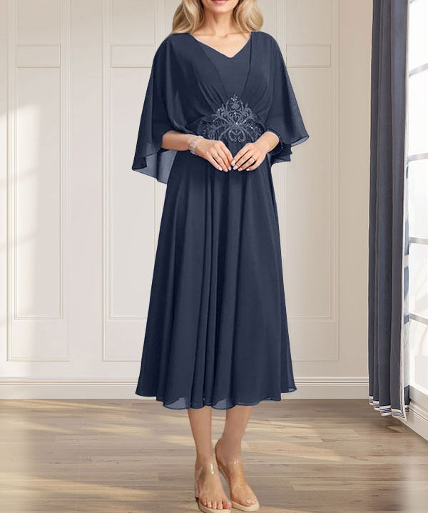 A-line V-Neck Tea-Length Chiffon Mother of the Bride Dress With Pleated Sequins Appliques Lace Beadind