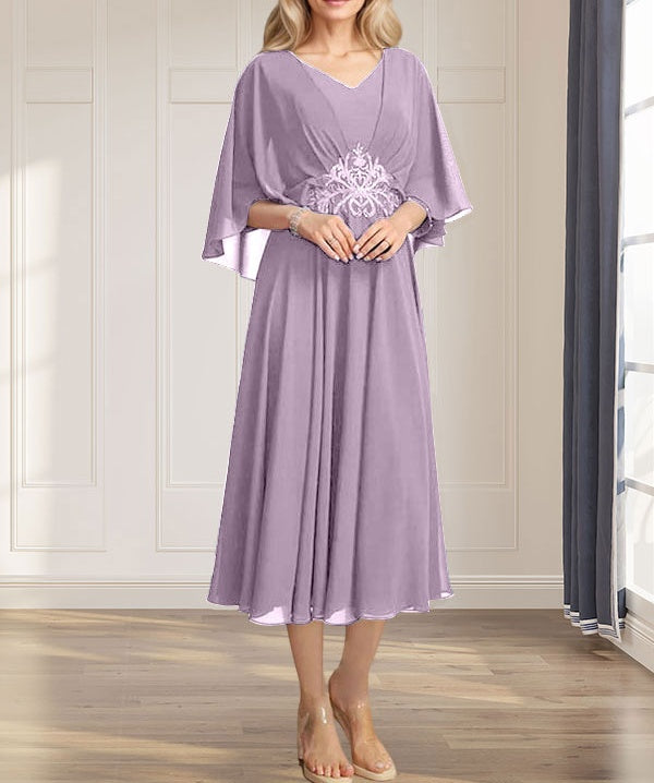A-line V-Neck Tea-Length Chiffon Mother of the Bride Dress With Pleated Sequins Appliques Lace Beadind