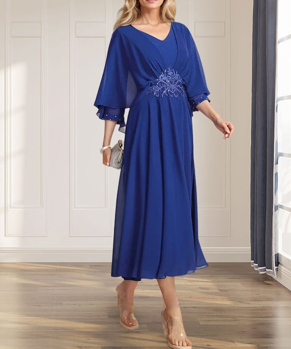 A-line V-Neck Tea-Length Chiffon Mother of the Bride Dress With Pleated Sequins Appliques Lace Beadind