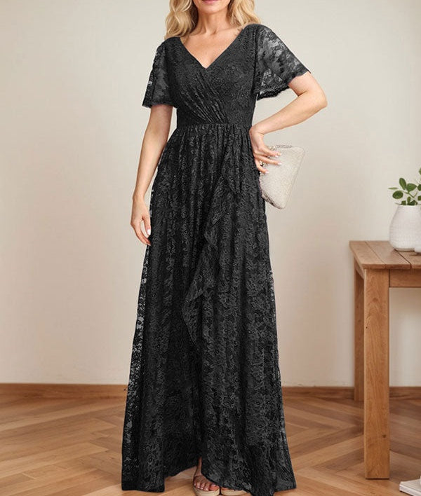 A-Line V-Neck Asymmetrical Lace Mother of the Bride Dress With Cascading Ruffles