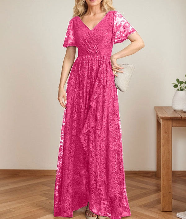 A-Line V-Neck Asymmetrical Lace Mother of the Bride Dress With Cascading Ruffles