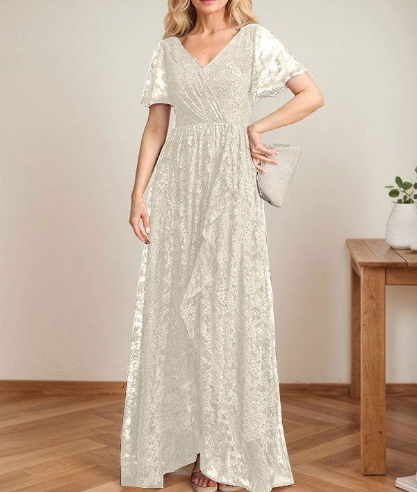 A-Line V-Neck Asymmetrical Lace Mother of the Bride Dress With Cascading Ruffles