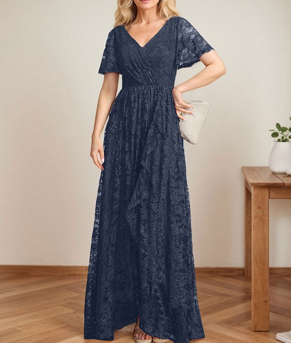 A-Line V-Neck Asymmetrical Lace Mother of the Bride Dress With Cascading Ruffles