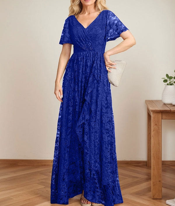 A-Line V-Neck Asymmetrical Lace Mother of the Bride Dress With Cascading Ruffles