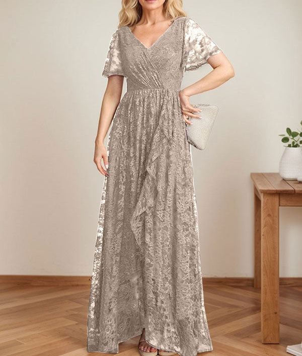 A-Line V-Neck Asymmetrical Lace Mother of the Bride Dress With Cascading Ruffles