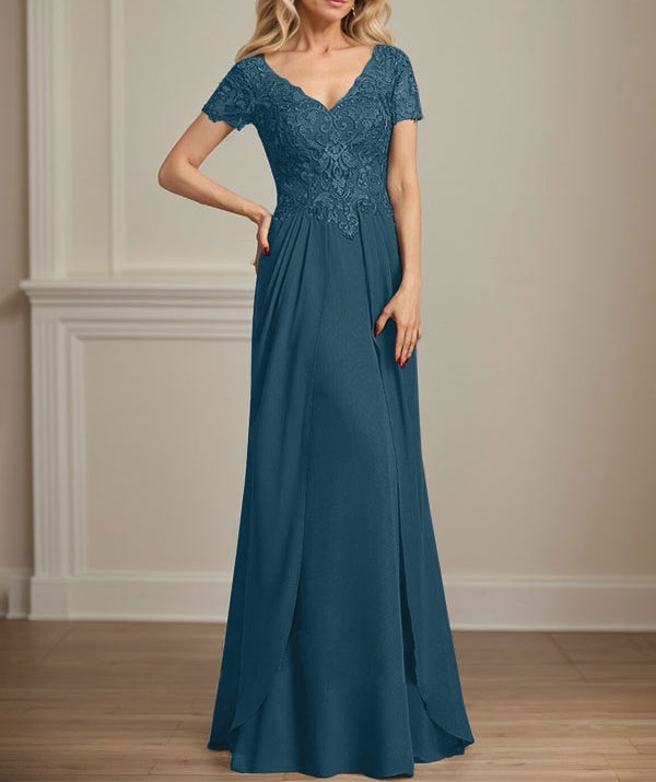 A-line V-Neck Floor-Length Chiffon Lace Mother of the Bride Dress