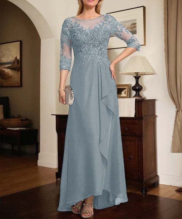 A-line Scoop Illusion Asymmetrical Lace Chiffon Mother of the Bride Dress With Sequins Cascading Ruffles