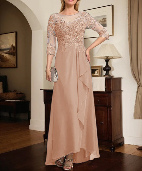 A-line Scoop Illusion Asymmetrical Lace Chiffon Mother of the Bride Dress With Sequins Cascading Ruffles